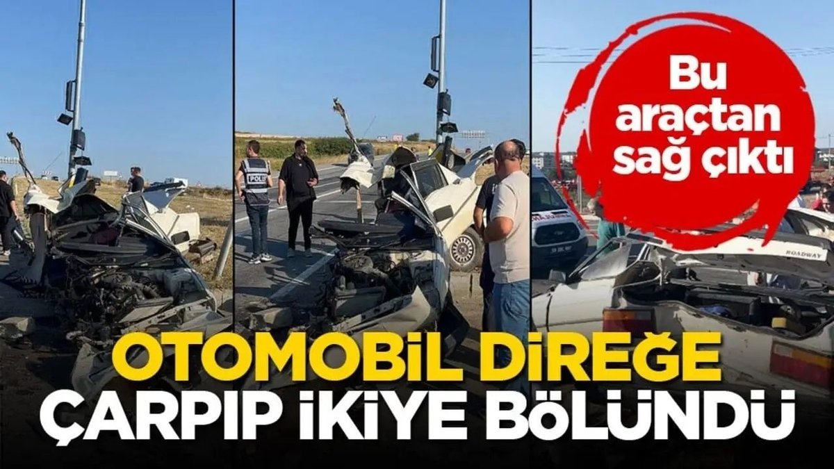 Otomobil direğe çarpıp ikiye bölündü! Sürücü kazadan hafif yaralı kurtuldu